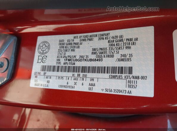 1FMCU0GD7KUB68493 2019 FORD ESCAPE Orange ძრავის განყოფილების ხედი