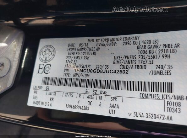 1FMCU0GD8JUC42602 2018 FORD ESCAPE Black Vista del compartimento del motor