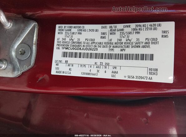 1FMCU0GD8JUD26225 2018 FORD ESCAPE Maroon Вид підкапотного простору