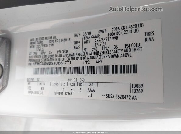 1FMCU0GD9JUB61771 2018 FORD ESCAPE White Widok komory silnika
