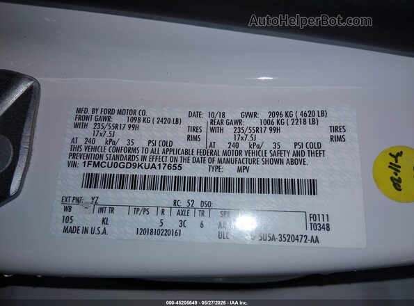 1FMCU0GD9KUA17655 2019 FORD ESCAPE White Widok komory silnika