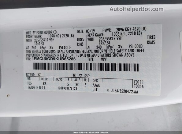 1FMCU0GD9KUB65286 2019 FORD ESCAPE White Вид підкапотного простору