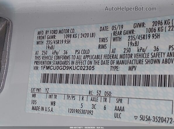 1FMCU0GD9KUC02305 2019 FORD ESCAPE White ძრავის განყოფილების ხედი