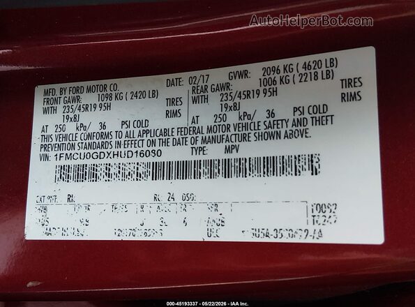 1FMCU0GDXHUD16080 2017 FORD ESCAPE Burgundy ძრავის განყოფილების ხედი