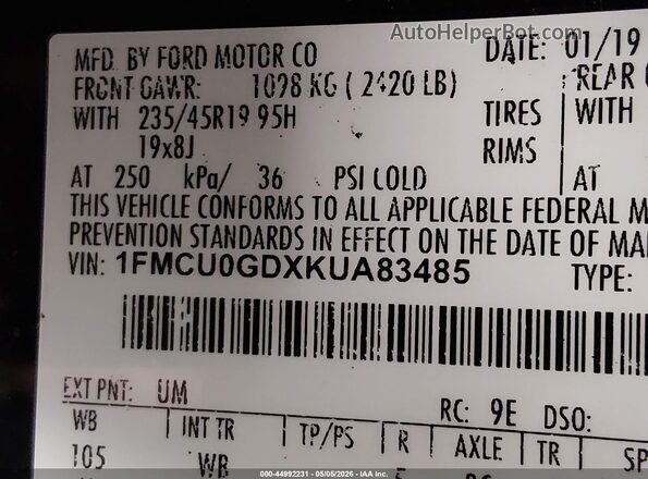 1FMCU0GDXKUA83485 2019 FORD ESCAPE Black Vista del compartimento del motor