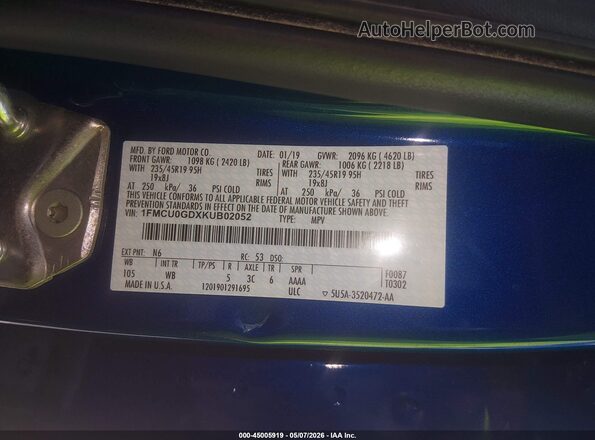 1FMCU0GDXKUB02052 2019 FORD ESCAPE Синий Вид подкапотного пространства
