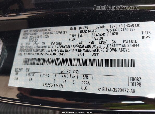 1FMCU0GN3SUB03049 2025 FORD ESCAPE Черный Вид подкапотного пространства