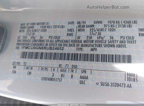 1FMCU0GN8RUB24652 2024 FORD ESCAPE Белый Вид подкапотного пространства