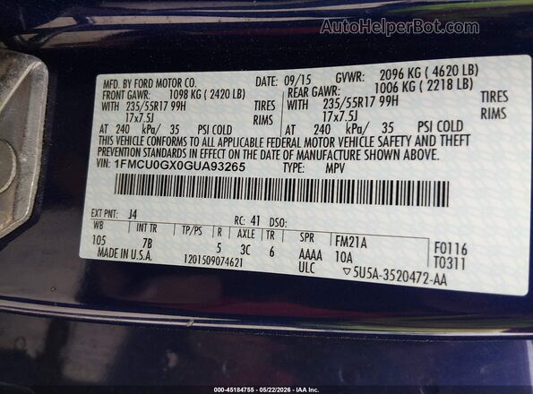1FMCU0GX0GUA93265 2016 FORD ESCAPE Blue 