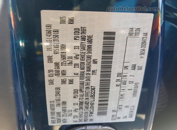 1FMCU0H61LUB22367 2020 FORD ESCAPE Blue VIN կոդի պիտակի տեսք