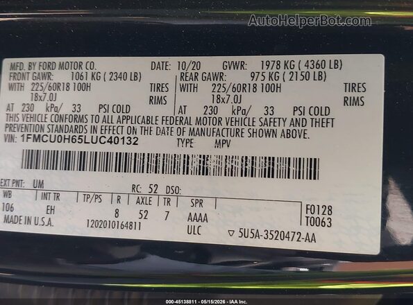 1FMCU0H65LUC40132 2020 FORD ESCAPE Черный Вид подкапотного пространства