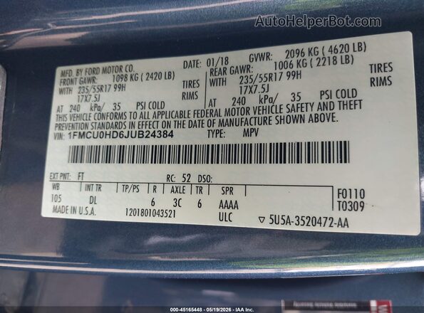 1FMCU0HD6JUB24384 2018 FORD ESCAPE Blue Вид підкапотного простору