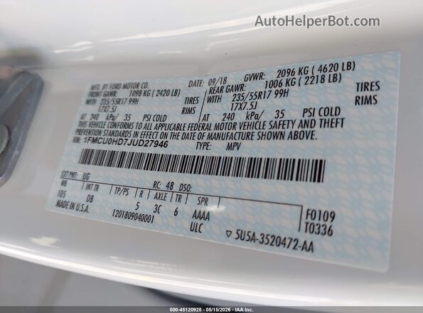 1FMCU0HD7JUD27946 2018 FORD ESCAPE White Engine compartment view