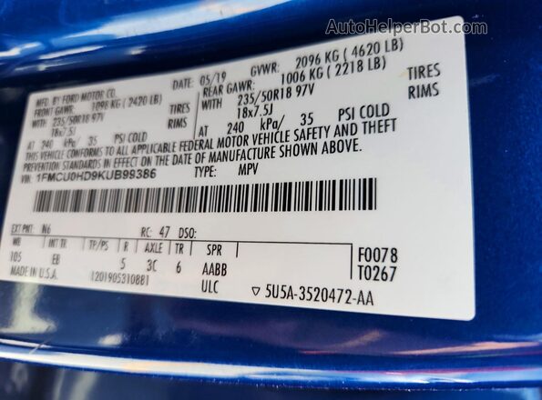 1FMCU0HD9KUB99386 2019 FORD ESCAPE Blue 