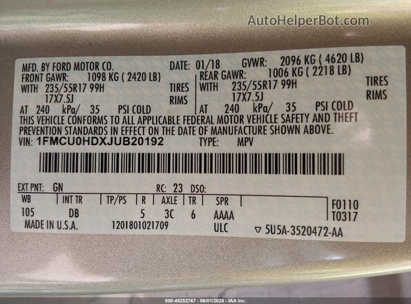 1FMCU0HDXJUB20192 2018 FORD ESCAPE Beige 