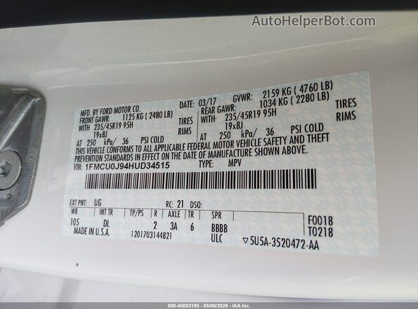 1FMCU0J94HUD34515 2017 FORD ESCAPE White Vista del compartimento del motor
