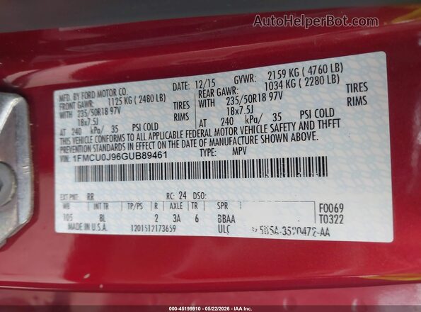 1FMCU0J96GUB89461 2016 FORD ESCAPE Red ძრავის განყოფილების ხედი