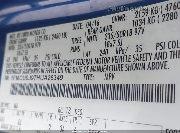 1FMCU0J97HUA26349 2017 FORD ESCAPE Blue Widok komory silnika