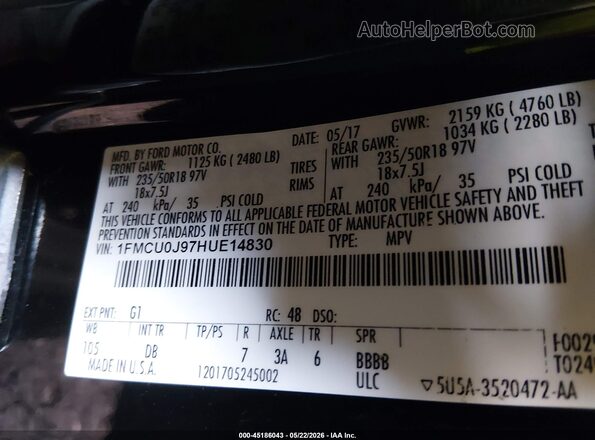 1FMCU0J97HUE14830 2017 FORD ESCAPE Black 