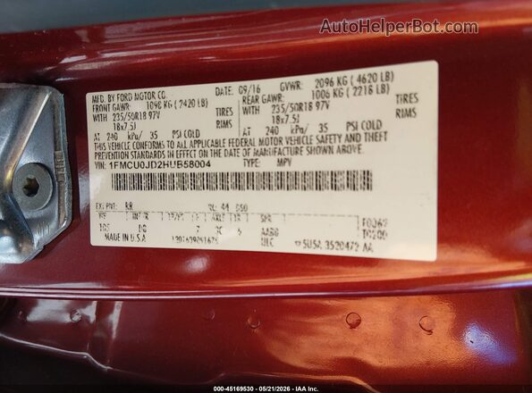 1FMCU0JD2HUB58004 2017 FORD ESCAPE Red Вид підкапотного простору