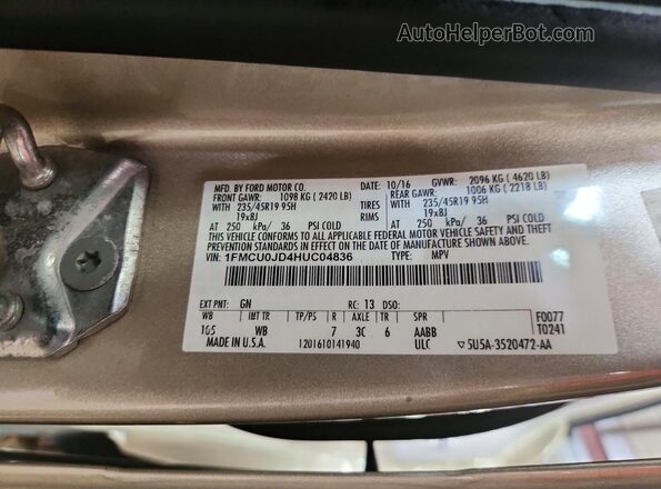 1FMCU0JD4HUC04836 2017 FORD ESCAPE Gold Вид наклейки з VIN-кодом