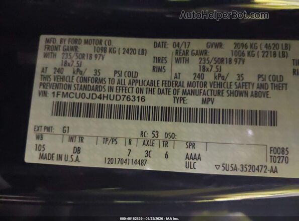 1FMCU0JD4HUD76316 2017 FORD ESCAPE Black Вид підкапотного простору