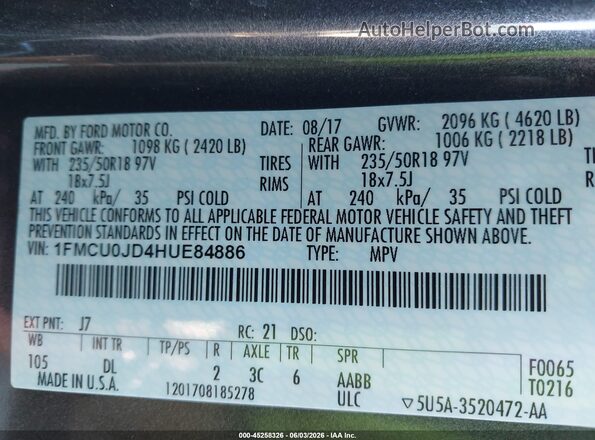 1FMCU0JD4HUE84886 2017 FORD ESCAPE Gray ძრავის განყოფილების ხედი