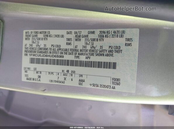 1FMCU0JD8HUD65089 2017 FORD ESCAPE Silver Vista del compartimento del motor