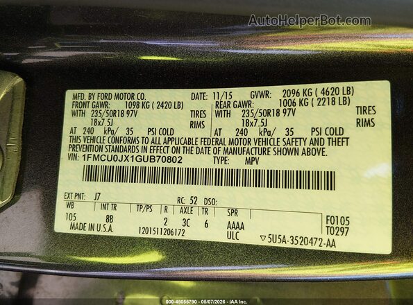 1FMCU0JX1GUB70802 2016 FORD ESCAPE Gray Vista del compartimento del motor