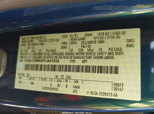 1FMCU0MN0PUA01932 2023 FORD ESCAPE Blue Engine compartment view