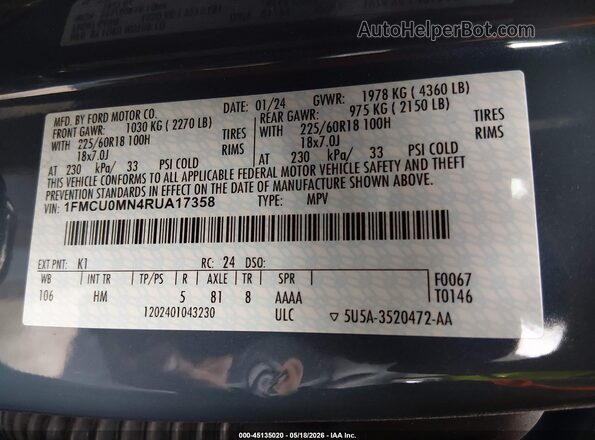 1FMCU0MN4RUA17358 2024 FORD ESCAPE Blue Engine compartment view