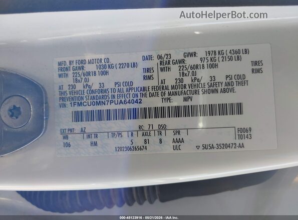 1FMCU0MN7PUA64042 2023 FORD ESCAPE Белый 