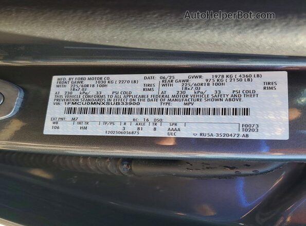 1FMCU0MNXSUB33900 2025 FORD ESCAPE Gray Vista de la etiqueta del VIN