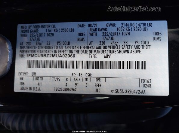1FMCU9BZ2MUA02960 2021 FORD ESCAPE Black Engine compartment view