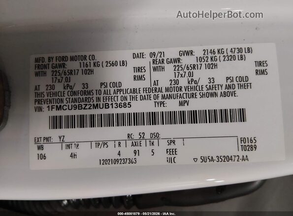 1FMCU9BZ2MUB13685 2021 FORD ESCAPE White Շարժիչի բաժամունքի տեսք