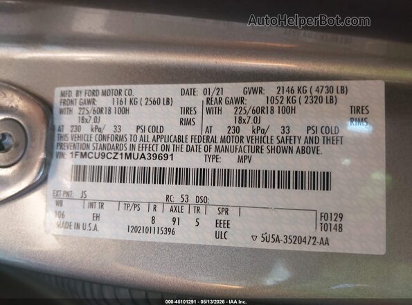 1FMCU9CZ1MUA39691 2021 FORD ESCAPE Silver Engine compartment view