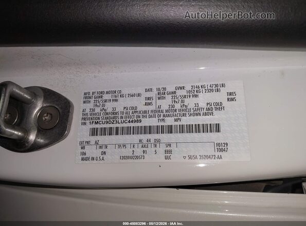 1FMCU9DZ3LUC44989 2020 FORD ESCAPE White 