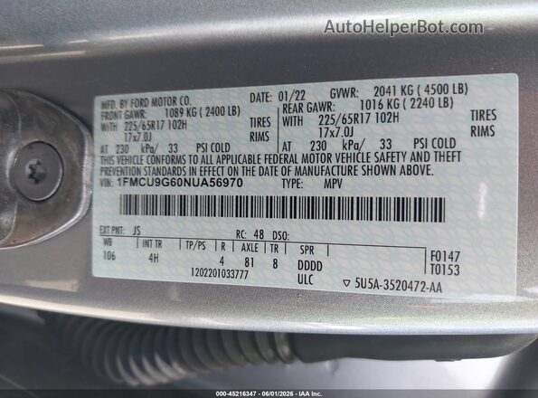 1FMCU9G60NUA56970 2022 FORD ESCAPE Silver 