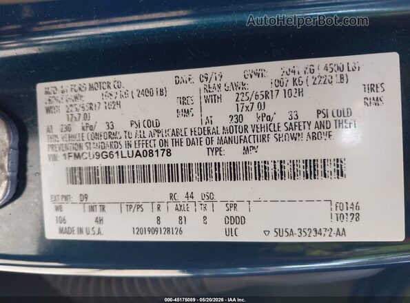 1FMCU9G61LUA08178 2020 FORD ESCAPE Бирюзовый Вид подкапотного пространства