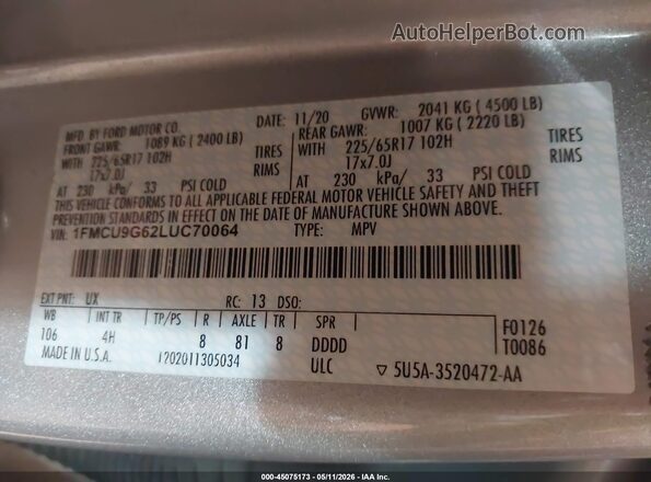 1FMCU9G62LUC70064 2020 FORD ESCAPE Silver ძრავის განყოფილების ხედი