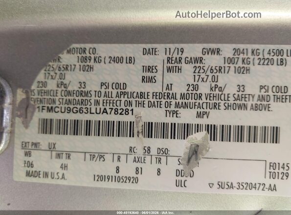 1FMCU9G63LUA78281 2020 FORD ESCAPE Silver 