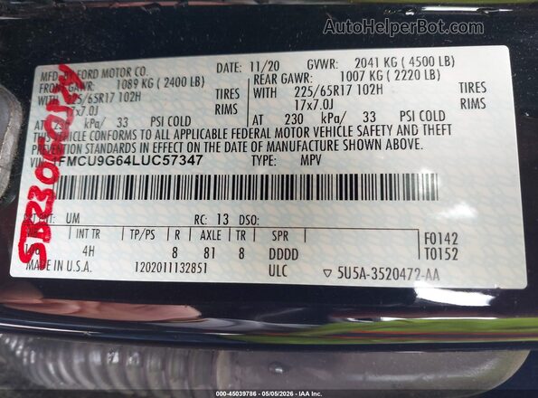1FMCU9G64LUC57347 2020 FORD ESCAPE Black ძრავის განყოფილების ხედი