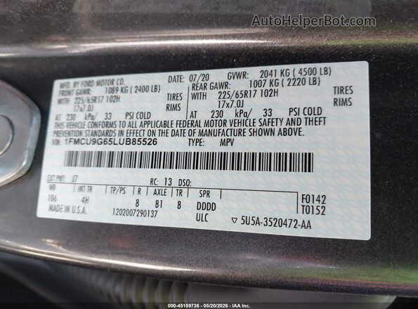 1FMCU9G65LUB85526 2020 FORD ESCAPE Gray Engine compartment view