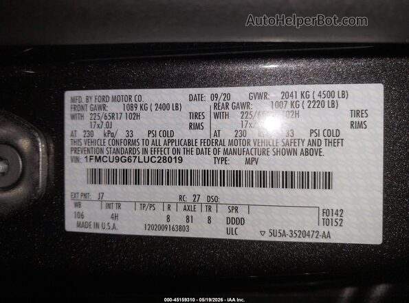 1FMCU9G67LUC28019 2020 FORD ESCAPE Серый Вид подкапотного пространства