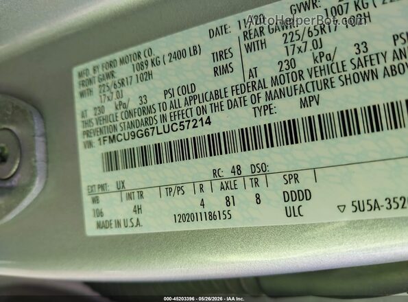 1FMCU9G67LUC57214 2020 FORD ESCAPE Silver Вид підкапотного простору