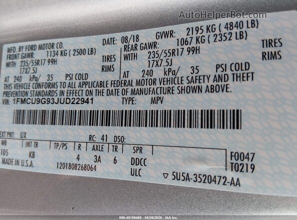 1FMCU9G93JUD22941 2018 FORD ESCAPE Gray 