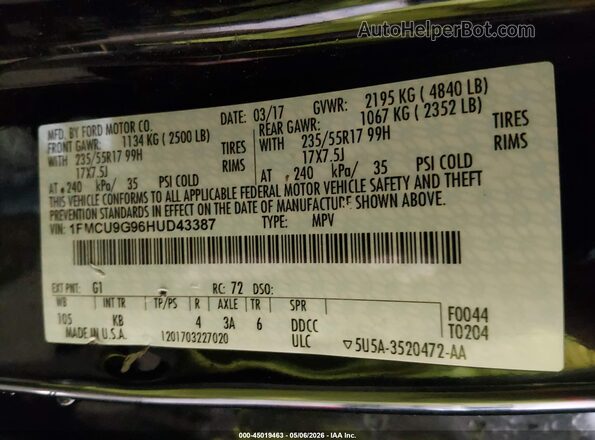 1FMCU9G96HUD43387 2017 FORD ESCAPE Черный Вид подкапотного пространства