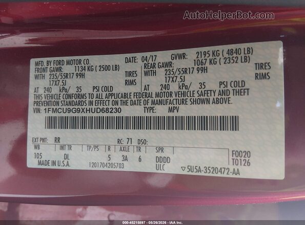 1FMCU9G9XHUD68230 2017 FORD ESCAPE Red ძრავის განყოფილების ხედი