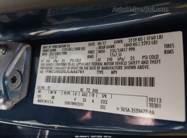 1FMCU9GD0JUA04781 2018 FORD ESCAPE Blue 