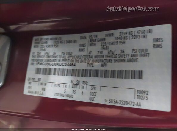 1FMCU9GD0KUC04464 2019 FORD ESCAPE Maroon Вид підкапотного простору